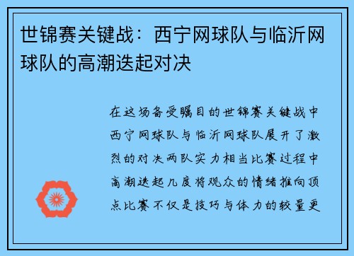 世锦赛关键战：西宁网球队与临沂网球队的高潮迭起对决